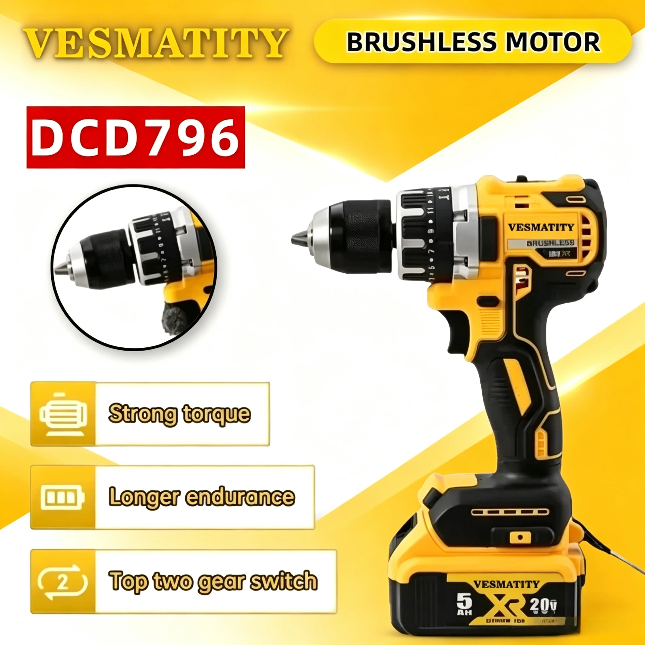 Woodworking Essential Tools - DCD796 Бесщеточная ударная электрическая дрель, многофункциональный